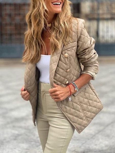 

Diamond Quilted Lapel Casual Jacket Coat, Khaki, Coats
