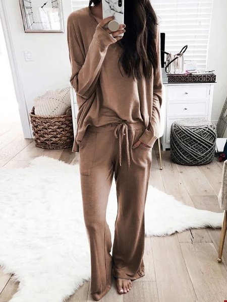 

Loose Plain Casual Two Piece Sets, Brown, Suit Set