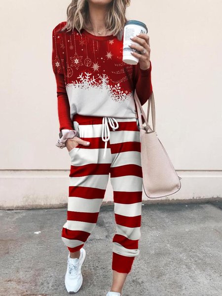 

Christmas Stripe Crew Neck Casual Loose Two Piece Set, Red, Sets
