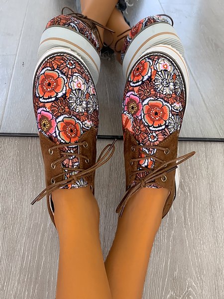 

Floral Printed Patchwork Lace Up Shoes, Brown, Flats