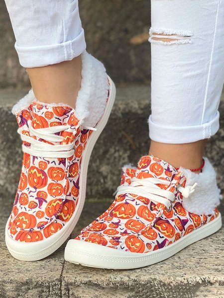 

Halloween Skull Pumpkin Plush Splice Casual Flat Shoes, Orange, Shoes