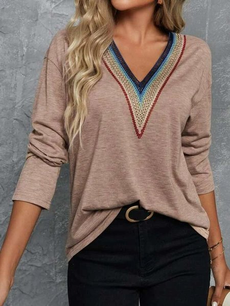 

Casual Lace Neck Long Sleeve T-Shirt, Khaki, Tops