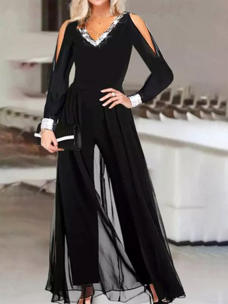 

Ladies Elegant Fashion V Neck Hot Silver Panel Long Sleeve Dinner Party Party Jumpsuit, Black, Jumpsuits＆Rompers