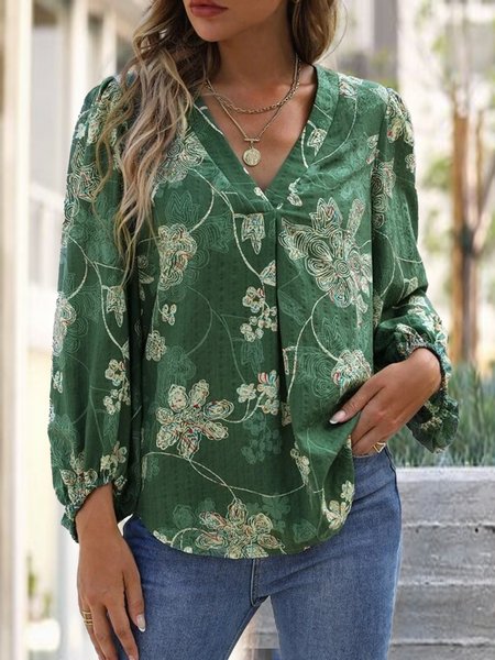

Floral Print Lantern Sleeve Blouse, Green, Tops