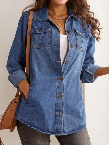 Casual Plain Denim Jacket, Blue, Coats