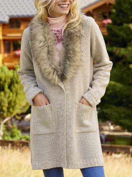 

Plain Casual Loose Sweater Coat, Khaki, Cardigans