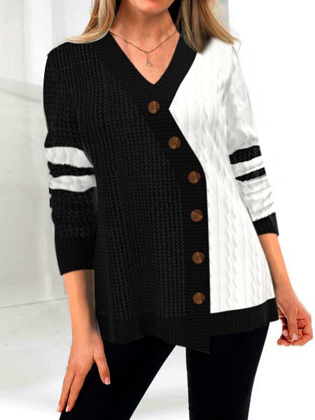 

V-Neck Knit Jacquard Contrast Sweatshirt, Black, Hoodies & Sweatshirts
