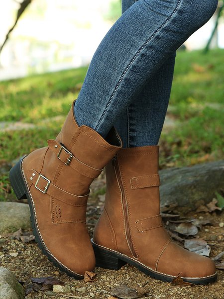 

Vintage Split Joint Buckle Boots, Yellow brown, Boots