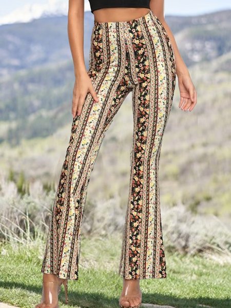 

Vintage Floral Elastic Waist High Stretch Flared Pants, Multicolor, Pants
