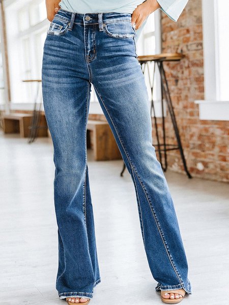 

Blue Casual Seam Distressed High Waist Flare Jeans, Denim blue, Jeans