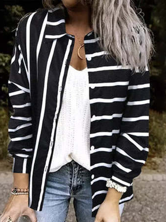 

Striped Shirt Collar Casual Blouse, Black-white, Blouses & Shirts