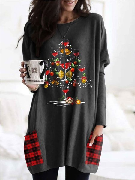 

Christmas Casual Loose Crew Neck Dresses, Deep gray, Mini Dresses