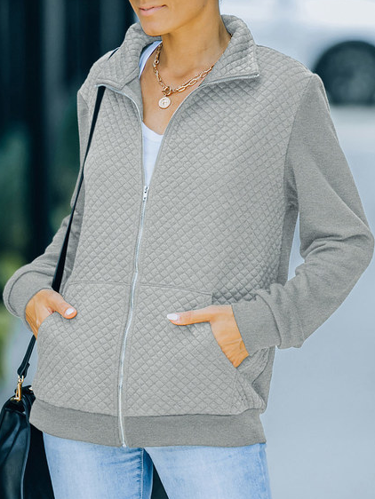 

Casual Plain Color Small Diamond Quilted Warm Jacket, Light gray, Outerwear