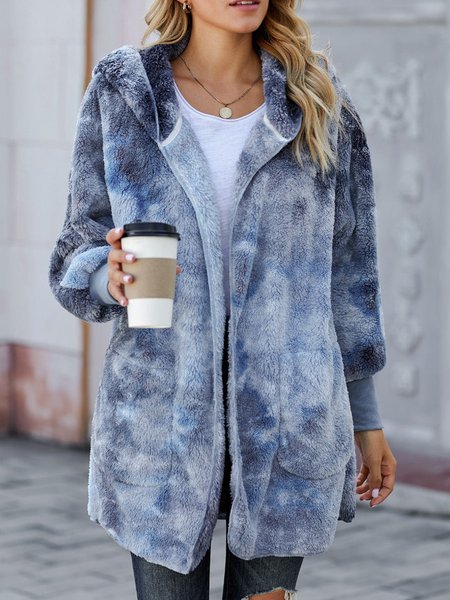 

Blue Tie Dye Soft Fleece Hooded Open Front Coat, Outerwear