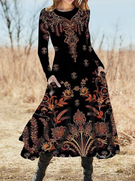 

Ethnic Vintage Crew Neck Dresses, Black, Dresses
