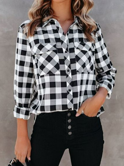 

Casual Shirt Collar Plaid Blouse, Black-white, Blouses & Shirts