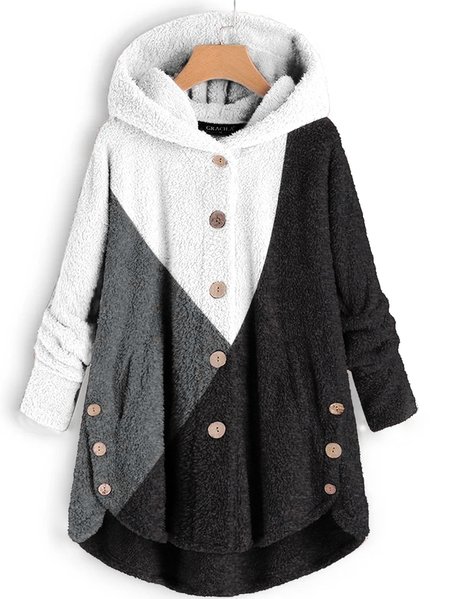 

Plain color block hood nail button fur warm coat, Multicolor, Coats