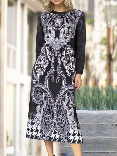 

Paisley Boho Crew Neck Dresses, Black, Dresses