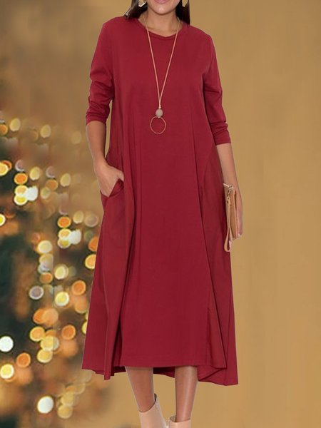 

Christmas Red Long Sleeve Solid Dress with Pockets, Midi Dresses