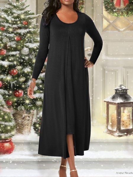 

Knitted Crew Neck Loose Double Layered Dress, Black, Midi Dresses