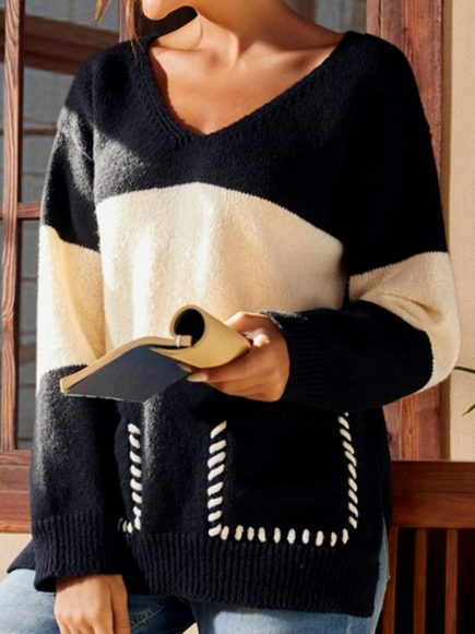 

Casual V Neck Plain Sweater, Black-white, Sweaters & Cardigans