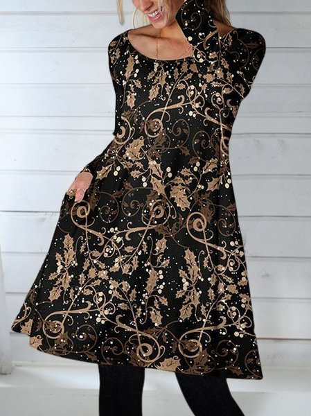 

Vintage Floral Crew Neck Loose Dress, Black, Mini Dresses