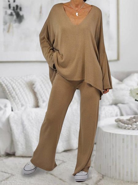 

Plain Loose Casual Top Pants Two Piece Suit, Camel, Suit Set
