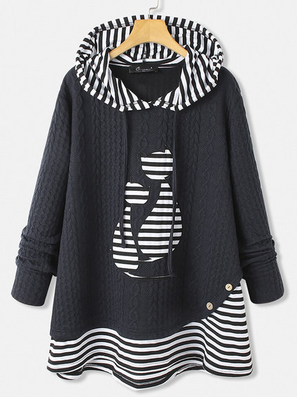 

Knit Jacquard Panel Striped Loose Hoodie, Dark blue, Hoodies & Sweatshirts