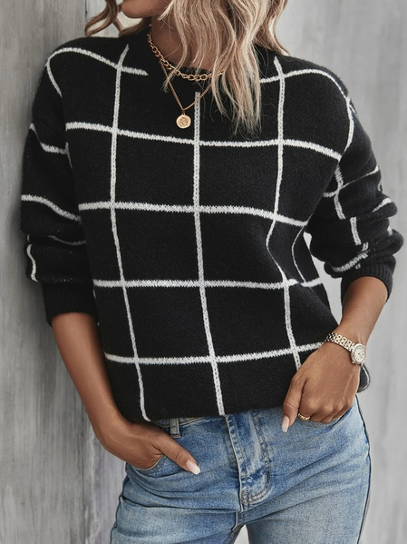 

Casual Crew Neck Check Wool Thermal Sweater, Black, Sweaters