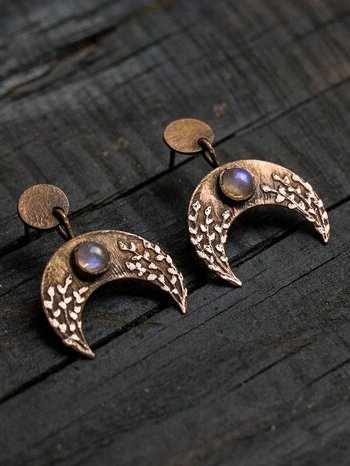 

Casual Vintage Natural Moonstone Opal Moon Pattern Earrings Ethnic Distressed Jewelry Boho, Black-gold, Earrings
