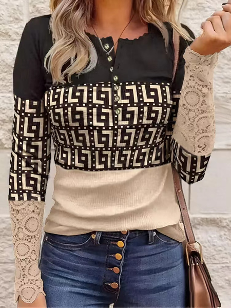 

Casual Geo Print Colorblock Contrast Lace Long Sleeve Top, Multicolor, T-Shirts