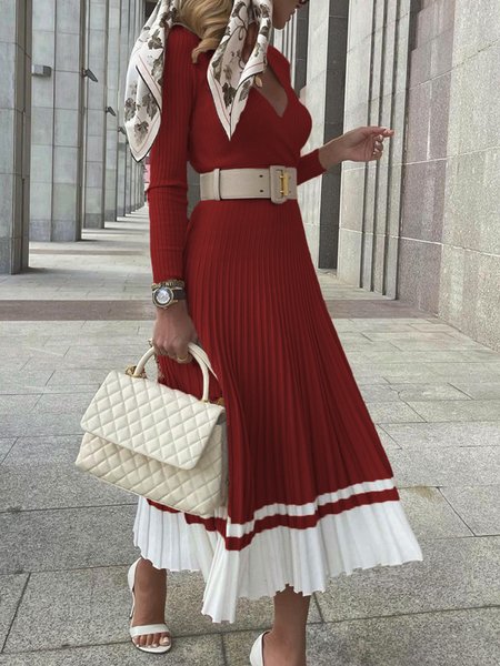 

Color Block Elegant Long Sleeve Midi Dress, Red, Midi Dresses