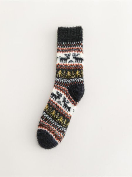 

Casual Retro Striped Elk Pattern Plush Socks Autumn Winter Accessories Warm High Stretch, Black, Socks