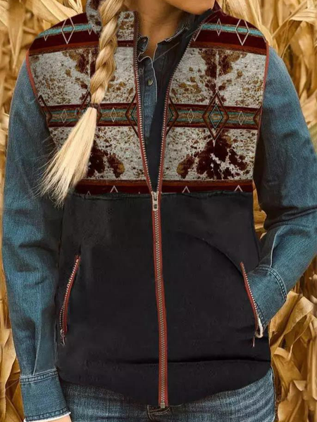 

Ethnic Western Cow Aztec Geometric Zipper Vest Coat, Black, Vests & Gilets