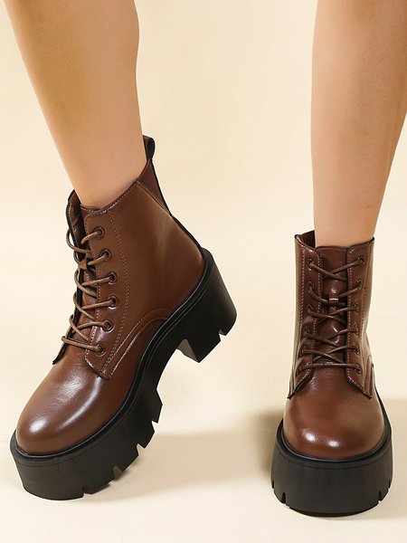 

Fashion Chunky Heel Platform Lace-Up Booties, Brown, Boots