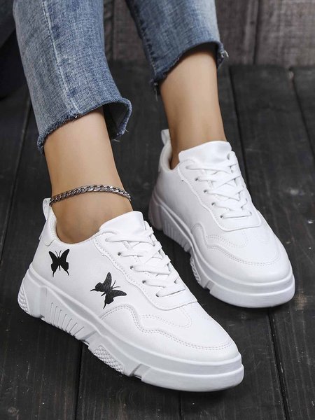 

Butterfly Print Casual Lace-Up Skate Shoes, White, Shoes