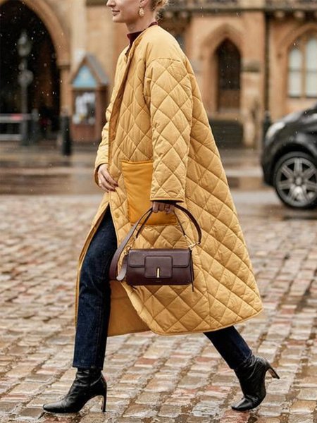 

Casual Crew Neck Plain Long Sleeve Loosen Fleece Coat, Yellow, Others