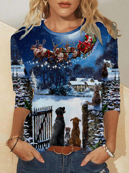 

Womens Christmas Santa Dog Cat Painting Casual Top, As picture, Long sleeves