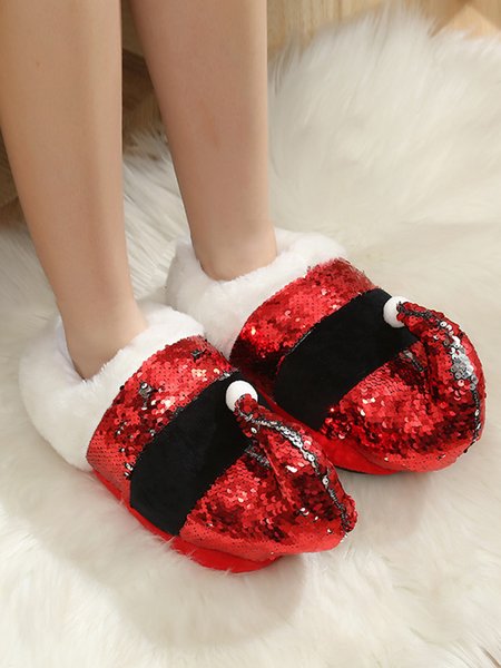 

Christmas Hat Sequined Warm Slippers, Red, Slippers
