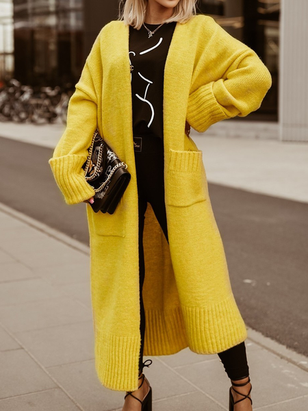 

High Elasticity V Neck Long sleeve Mid-long Sweater Coat, Yellow, Cardigans