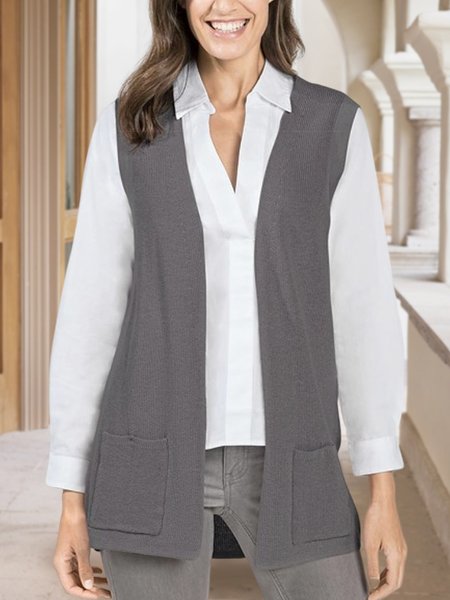 

Cross Neck Plain Yarn/Wool Yarn Vest, Gray, Outerwear