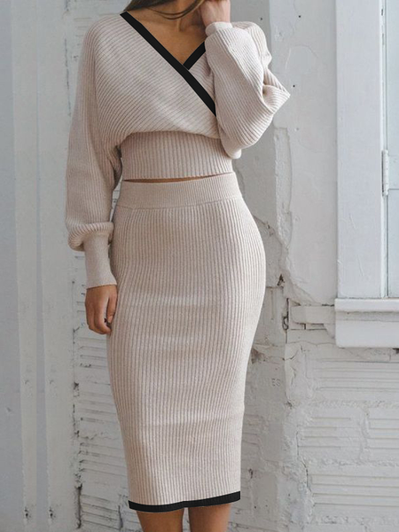 

Loose High Elasticity V neck Long sleeve Urban Sweater, Dusty pink, Pullovers