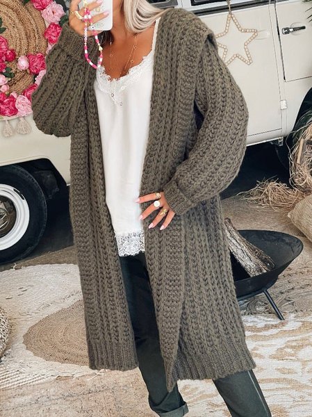 

Regular Fit Wool/Knitting Hoodie Sweater Coat, Dark green, Outerwear