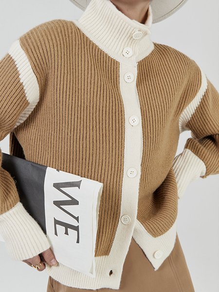 

Color Block Turtleneck Simple Long sleeve Sweater Coat, Khaki, Cardigans