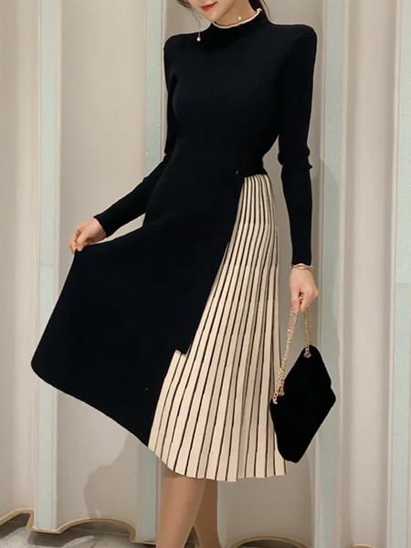 

Regular Fit Stand Collar Long sleeve Midi Dress, Black, Midi Dresses