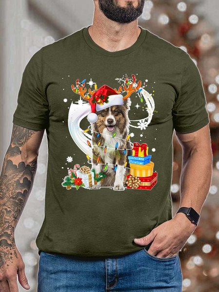 

Men Merry Christmas Moose Dog Hat Casual Cotton T-Shirt, Deep green, T-shirts