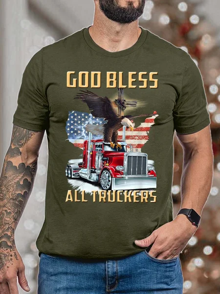 

Men God Bless All Truckers American Flag Eagles Casual T-Shirt, Deep green, T-shirts