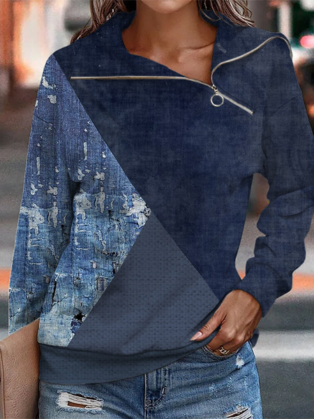 

Geometric Turtleneck Casual Zipper Sweatshirts, Blue, Sweatshirts & Hoodies