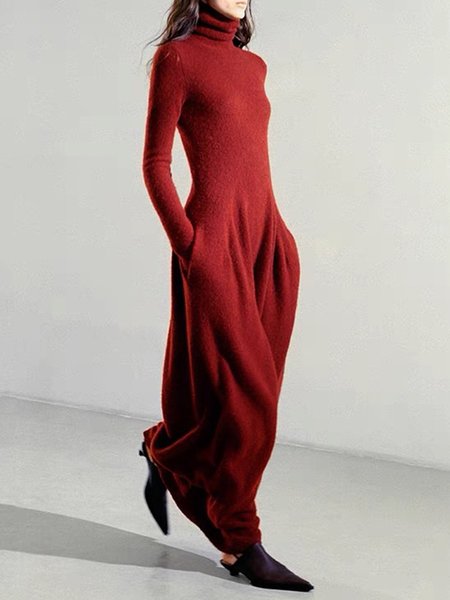 

Urban Turtleneck Long Sleeve Plain Pockets Sweater Dress, Red, Maxi Dresses