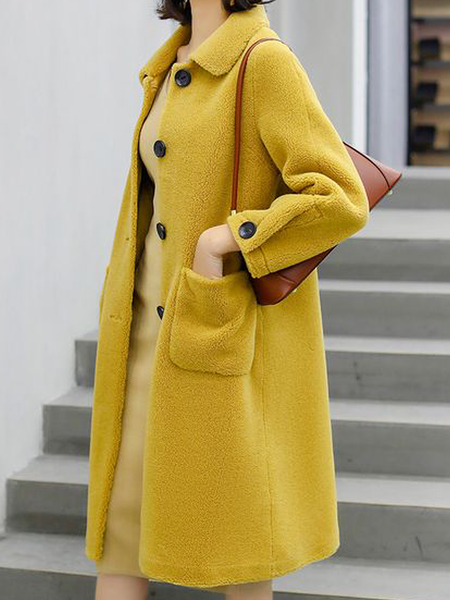 

Loose Shirt Collar Plain Teddy Long sleeve Mid-long Jacket, Yellow, Coats